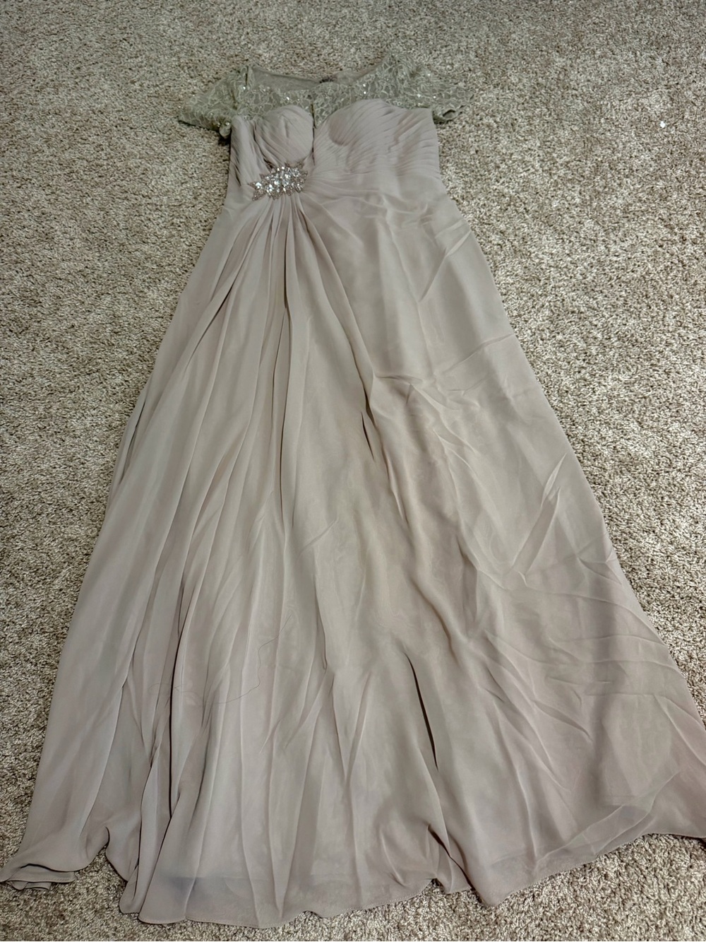 JJs House Beaded Illusion Cap Sleeve Maxi Gown - Taupe